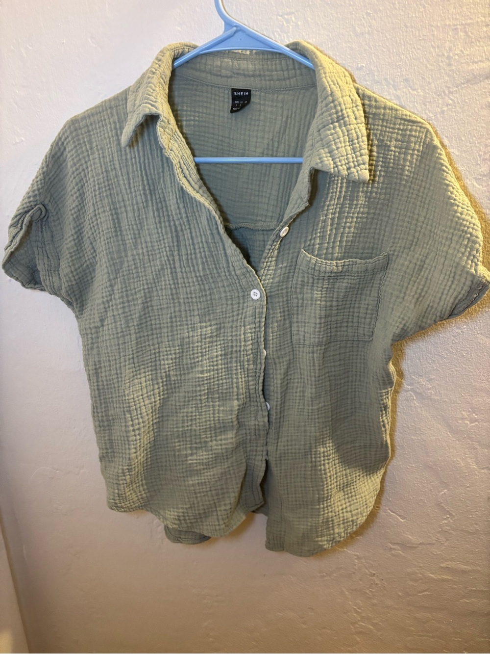 SHEIN Olive Green Short-Sleeve Gauze Button-Down Shirt